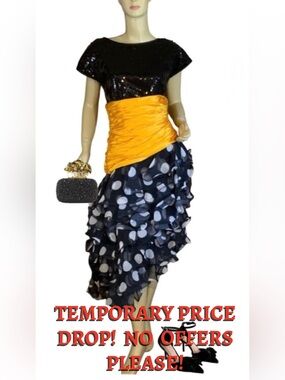 VINTAGE 1980'S PAT RICHARDS BLACK & YELLOW SEQUIN & POLKA DOT RUFFLE DRESS (8)
